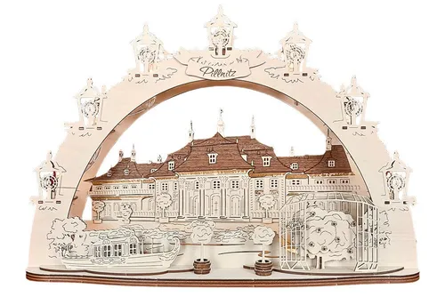 DeColibri 3D LED Schwibbogen Dresden Schloss Pillnitz - Beleuchteter Schwibbogen aus Holzkunst mit 10 warmweißen LEDs. Ideal für stimmungsvolle Innenraumdekoration, inklusive stabilem Transportkarton.