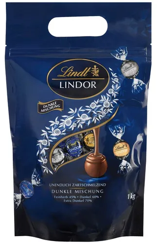 Lindt Pralinen Lindor Dunkle Mischung, 78 Stück, 1 kg - Genießen Sie die exquisite Lindor Dunkle Mischung mit 3 Sorten in einem praktischen Standbeutel. Ideal als Geschenk oder für besondere Anlässe – perfekt für Schokoladenliebhaber!