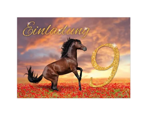 JUNAPACK Einladungskarten Pferd Einladungen zum 9. Kindergeburtstag Fohlen Karten Mädchen, Einladungskarten zum neunten Geburtstag mit Pferd Motiv