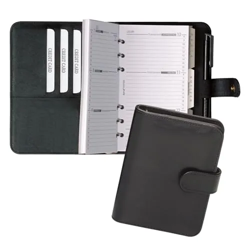 bind Terminplaner Modell 17501 A7 Kalender 2026 schwarz aus Lederimitat - Sonstige Kategorie: Kompakter A7 Systemplaner aus hochwertigem FINEtouch-Lederimitat mit Druckknopfverschluss – ideal für unterwegs und perfekt zum Organisieren von Terminen und Notizen.