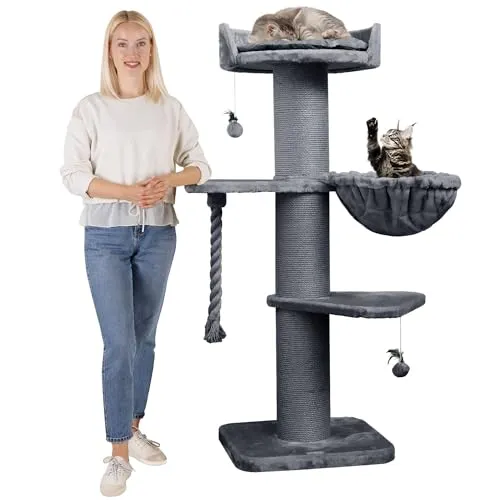 HAPPYPET Premium Kratzbaum 'Cooper' – 150 cm Stabiler Katzenbaum in Grau - Kratzbäume: Der stabile XXL Kratzbaum 'Cooper' bietet Ihrer Katze artgerechten Spielraum und ist durch seine kompakte Bauweise besonders standsicher.