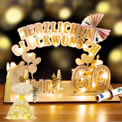 YSWOVUO 60. Geburtstag Frau Mann, Geldgeschenke Holz mit LED Lichterkette, Geschenk zum 60 Geburtstag Mann Frau, Geschenkideen zum 60 Geburtstag, Herzlichen Glückwunsch