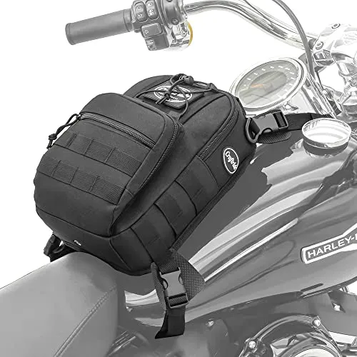 Motorrad Tankrucksack Dark Gear 9L mit Riemenbefestigung - Robuster 9L Tankrucksack aus strapazierfähigem 600D Nylon, inkl. wasserdichter Regenhülle und praktischem Befestigungssystem für Stahl- und Kunststofftanks.
