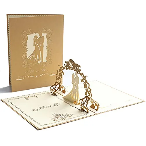 JeoPoom Pop Up Karte, Pop Up Hochzeitskarte, Glückwunschkarte mit Hochwertigem Goldfarbenen Umschlag, für Hochzeitstag, Hochzeitsgeschenk, Geburtstag, Hochzeitseinladung