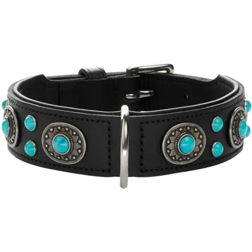 HUNTER SIOUX Hundehalsband, Leder, indianischer Stil - Weiteres Autozubehör, aus weichem Soft-Vollrindleder mit türkisen Applikationen für einen besonderen Look, Made in Germany.