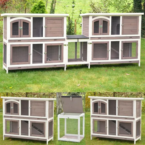 XXL Doppel Hasenstall Balu - Kleintierstall in Taupe-Weiß 280x50x104 - Käfig für Kaninchen und Kleintiere mit 2 Kot-Zinkwannen, isoliert und als Doppel- oder Einzelstall nutzbar, ideal für artgerechte Haltung.