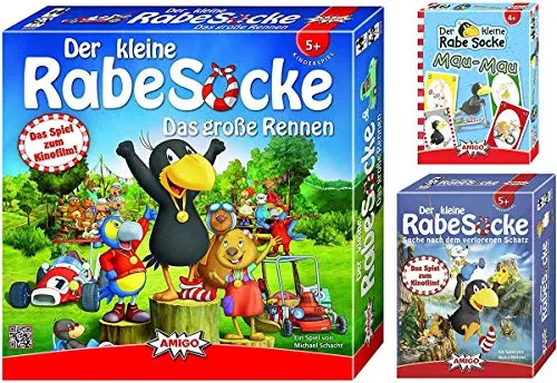 AMIGO Der Kleine Rabe Socke - Spielepaket mit Das große Rennen, Suche nach dem verlorenen Schatz und Mau Mau