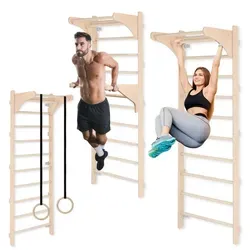MAMOI® Gymnastikleiter mit Dip-Barren und Holzringen - Vielseitige Sprossenwand für effektives Heimtraining – ideal für Kraft, Beweglichkeit und Koordination. Verstellbare Elemente ermöglichen individuelle Anpassungen für alle Fitnesslevels.