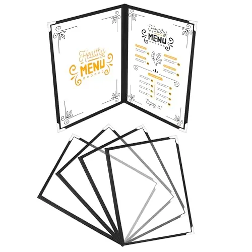 BELLE VOUS 5er Pack A4 Menükarten Halter - 5 Mappen für Speisekarte A4-5er Set Speisekartenhalter - 5 transparente Speisekarten A4 Hüllen - Klarsichthülle Schwarz mit Eckenschutz