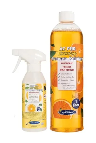 AQUA CLEAN PUR Extreme Orangenreiniger Konzentrat 1l - Allzweckreiniger für alle wasserfesten Oberflächen, entfernt mühelos Fett, Kleber und Schmutz, inklusive praktischer Sprühflasche und angenehmem Duft.