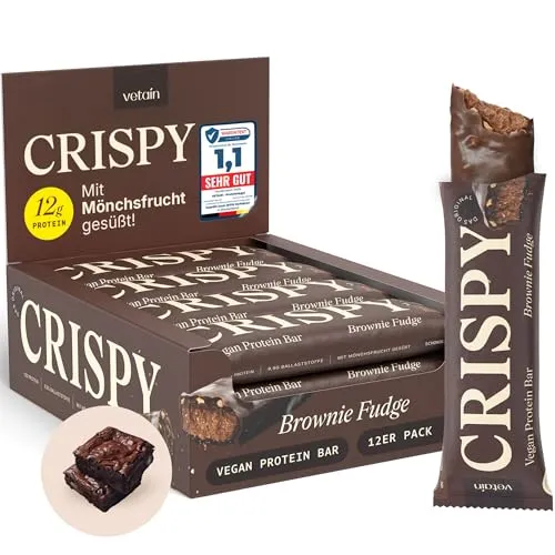 VETAIN Vegan Proteinriegel - Crispy Brownie - 12g Eiweiß - Leckerer veganer Snack mit 12g pflanzlichem Eiweiß pro Riegel. Ideal für unterwegs oder nach dem Training. Ohne Zuckerzusatz und aus 100% natürlichen Zutaten gefertigt.