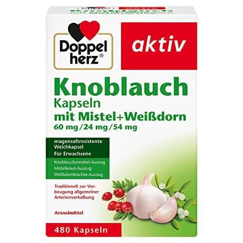 Doppelherz Knoblauch mit Mistel + Weißdorn - 480 Kapseln - Pflanzliches Ergänzungsmittel zur Vorbeugung von Arterienverkalkung, unterstützt die Herzgesundheit mit magensaftresistenten Kapseln und ist glutenfrei.