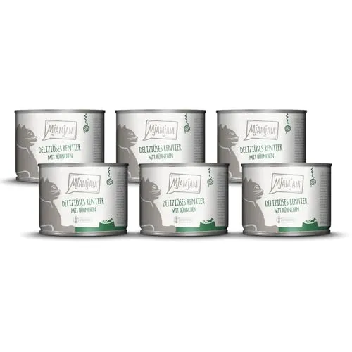 MjAMjAM - Premium Nassfutter für Katzen - deliziöses Rentier mit Hühnchen an leckeren Möhrchen, 6er Pack (6 x 200 g), getreidefrei mit extra viel Fleisch