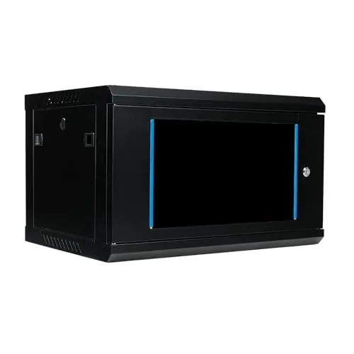 Netzwerkschrank 19 Zoll 6HE I 450 mm Tiefe I Serverschrank Schwarz I Wandmontage I abschließbare Glastür I voll montiert I 100 kg Traglast I 600×450×369 mm (Schwarz - 45cm, 6HE)