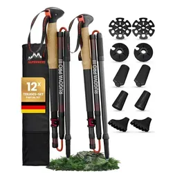 ALPENWERT Faltbare Wanderstöcke aus Carbon & Aluminium - Wanderstöcke für Damen & Herren, ultraleicht mit nur 285g, höhenverstellbar und kompakt faltbar auf 38cm – ideal für Reisen und jedes Gelände.