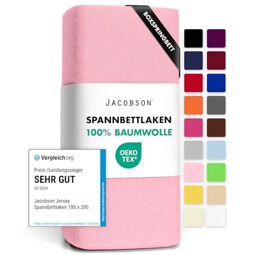 Jacobson Jersey Spannbettlaken Spannbetttuch Baumwolle Bettlaken (140x200-160x220 cm, Rosa)