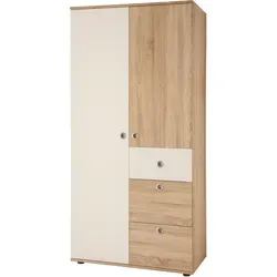 Kleiderschrank 2-türig Wiki, holzfarben - Kleiderschrank 2-türig mit weißen Absetzungen, ideal für Babys und Kleinkinder. Hochwertige Materialien in kompakten Maßen: B: 90 cm, H: 190 cm, T: 52 cm. Jetzt 10€ Willkommens-Gutschein sichern!