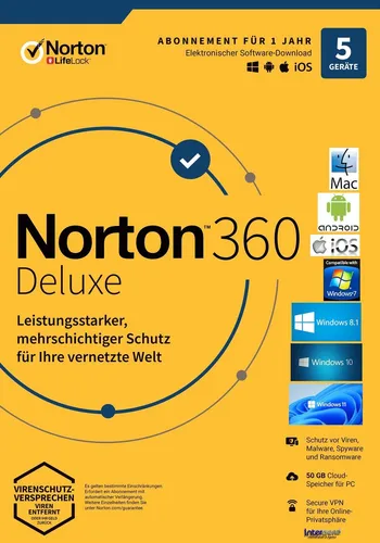 NORTON 360 Deluxe 2025 für 5 Geräte – 1 Jahr Antivirus-Schutz - Security-Suiten mit umfassendem Schutz für bis zu 5 Geräte, inklusive Antivirus und schnellem digitalen Download – ideal für Familien und kleine Büros.