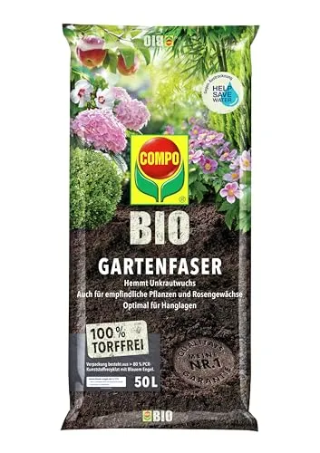COMPO Bio Gartenfaser torffrei 50l - Ideal zum Mulchen und Bodenverbessern - Hochwertige, torffreie Gartenfaser zum Mulchen und zur Verbesserung des Bodens. Hemmt Unkraut, hält die Erde feucht und schützt vor Erosion. 100 % natürliche Inhaltsstoffe sorgen für nachhaltiges Gärtnern.