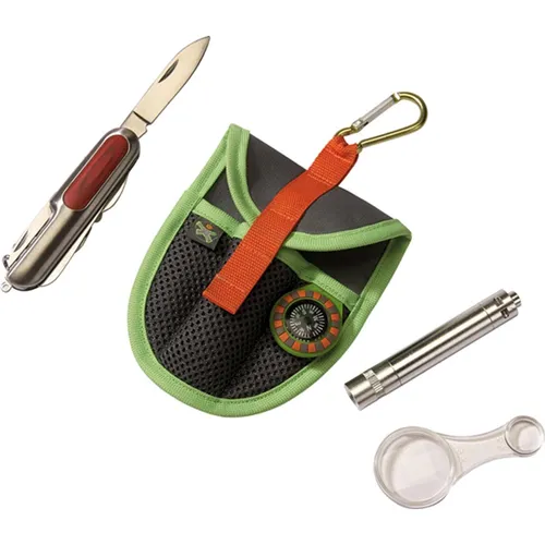 HABA Terra Kids Forschertasche – Abenteuer-Ausrüstung für junge Entdecker - Gesellschaftsspiele mit Taschenmesser, Lupe, Kompass & LED-Leuchte – perfekt für spannende Expeditionen und Schatzsuchen im Freien.
