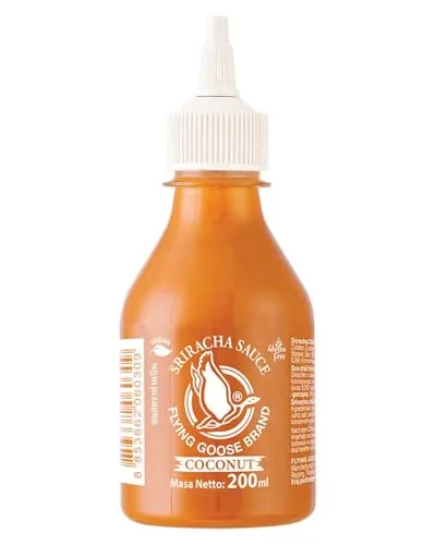 FLYING GOOSE Sriracha Chilisauce, mit Kokosnuss, scharf, weiße Kappe, scharfe Würzsauce aus Thailand, 1 x 200 ml