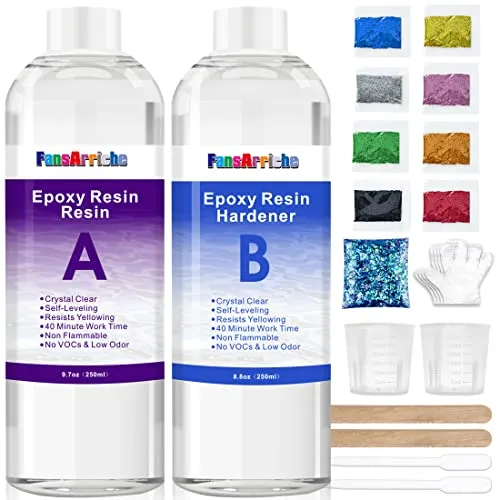 FansArriche Epoxidharz 500 ml - Kristallklar für kreative Projekte - Professionelles Epoxidharz-Set mit 250 ml Harz und 250 ml Härter. Ideal für DIY-Kunst, Schmuck und Beschichtungen. Hohe Transparenz und einfache Anwendung für beeindruckende Ergebnisse.