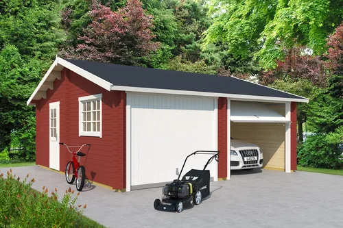 Garage Satteldach 44 mm Falkland mit Schwingtor rot 595x595 cm - Gartenhäuser, Geräteschuppen & Carports – Robuste Blockbohlenkonstruktion mit 5 Jahren Herstellergarantie und abschließbarem Schwingtor für optimale Sicherheit.