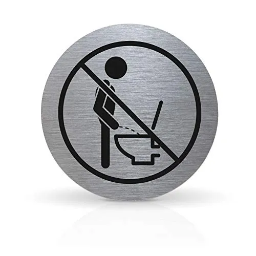 Betriebsausstattung24® Türschild Piktogramm Bitte nicht im Stehen pinkeln - Rundes Hinweisschild aus Aluminium - Für Ihre Tür & Wand - Silber - Durchmesser Ø 7,0 cm - Inkl. Klebepad