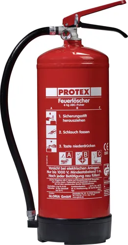 Protex Feuerlöscher PDE 6 GA Pulver Löschmittel - Feuerlöscher mit 6 kg Pulver, ideal für den Einsatz in Wohn- und Geschäftsräumen, zuverlässig gegen Brände der Klassen A, B und C.