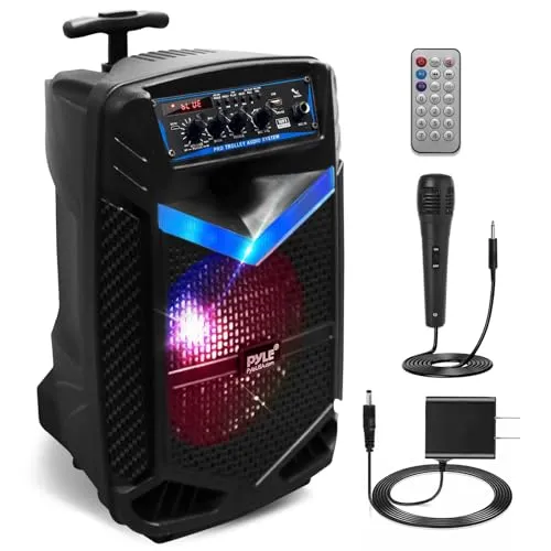 Pyle PA Bluetooth Lautsprecher - 400W Karaoke Maschine mit Mikrofon - Tragbare Lautsprecher mit 400 Watt Leistung, integrierter Lichtshow und 1800mAh Akku für stundenlangen Musikgenuss. Ideal für unvergessliche Partys drinnen und draußen!