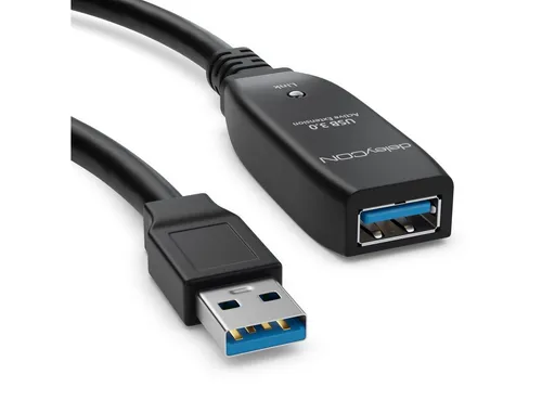 deleyCON 5m USB 3.0 Verlängerungskabel mit Repeater - Aktives USB Verlängerungskabel, 5m lang, ideal für Drucker und Geräte mit hoher Datenübertragungsgeschwindigkeit bis 5 Gbit/s. Robuste Bauweise in elegantem Schwarz.