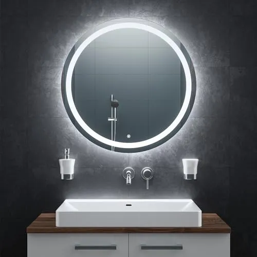 BR Bringer LED Badspiegel Rund 80cm - Badezimmer Wandspiegel mit dimmbarer Beleuchtung, Anti-Beschlag Funktion und 3 Lichtfarben für optimalen Komfort und modernes Design.