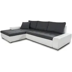 Ecksofa mit Schlaffunktion Faris - Weiß/Dunkelgrau - Sofa mit Bettkasten und bequemer Schlaffunktion, ideal für kleine Räume, mit hochwertigem Bezug und freistehender Rückseite.