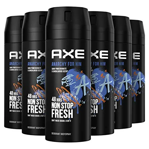 AXE Deodorant Bodyspray Anarchy for Him - 6 x 150ml - Deos mit 48 Stunden Schutz, stoppt unangenehme Gerüche und verleiht einen sinnlichen Duft von Granatapfel und Sandelholz.