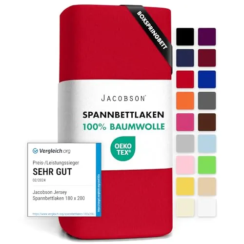 Jacobson Jersey Spannbettlaken Spannbetttuch Baumwolle Bettlaken (180x200-200x220 cm, Rot)