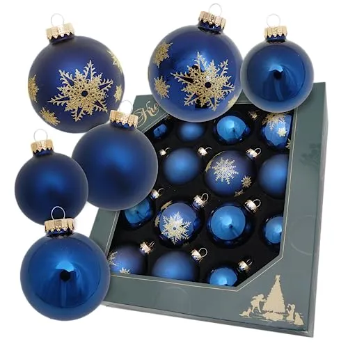 Krebs Glas Lauscha - Weihnachtsdekoration/Christbaumschmuck aus Glas - Weihnachtskugeln - Motiv: Blaue Christbaumkugel mit goldenen Schneeflocken - 16 Stück