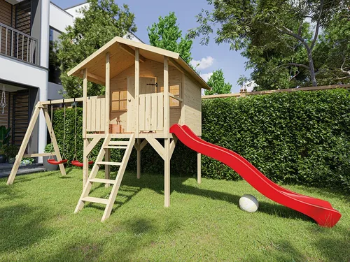 Stelzenhaus Toby mit Doppelschaukel und Rutsche in Rot - Das Stelzenhaus Toby ist ein vielseitiges Spielgerät für den Garten. Mit Doppelschaukel und Wellenrutsche bietet es kreativen Spielspaß und Bewegung für Kinder. Robuste Bauweise und große Spielfläche garantieren stundenlange Abenteuer im Freien.