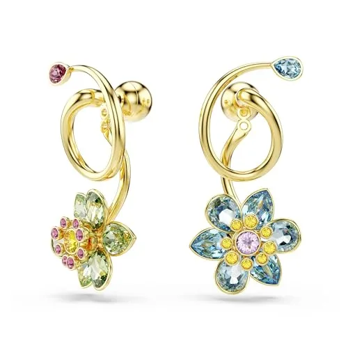 Swarovski Idyllia Drop-Ohrhänger, Asymmetrisches Design, Verschiedene Schliffe, Blume, Mehrfarbig, Goldlegierungsschicht, Einheitsgröße