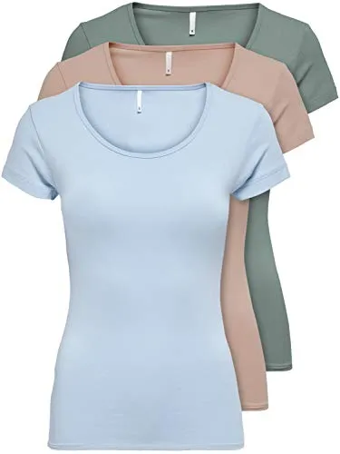 ONLY 3er Pack Damen T-Shirt schwarz oder weiß Kurzarm lang Basic Sommer T-Shirts XS S M L XL 15209153