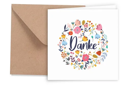 Dankeskarte Blume mit Umschlag, 1x Dankeschön Klappkarte quadratisch