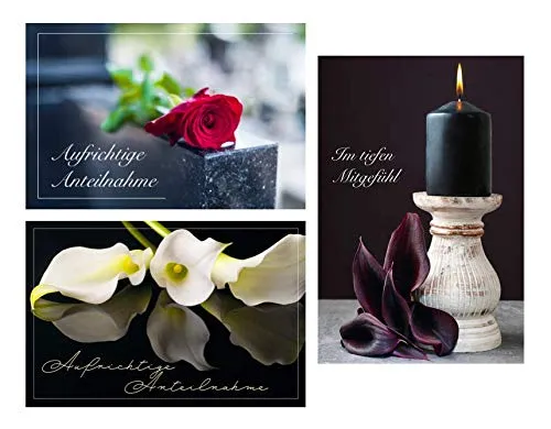 Merz Designkarten 12 (3 x 4 Stück) einfühlsame Premium-Trauerkarten/Beileidskarten im Set mit 12 Briefkuverts - Anteilnahme Trauerkarte, Spruch
