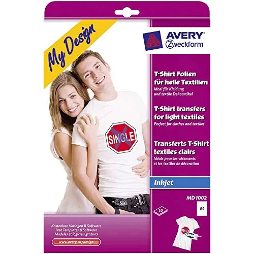 Avery-Zweckform My Design T-Shirt MD1002 Tintenstrahl Textilfolie DIN A4 für helle Textilien, Optimiert für Tintenstrah