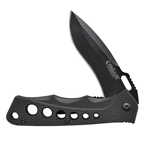 Camillus RAGE Survival Klappmesser aus 440 Stahl schwarz, Outdoor Survival Messer mit Gürtelclip - extra scharf, 19302