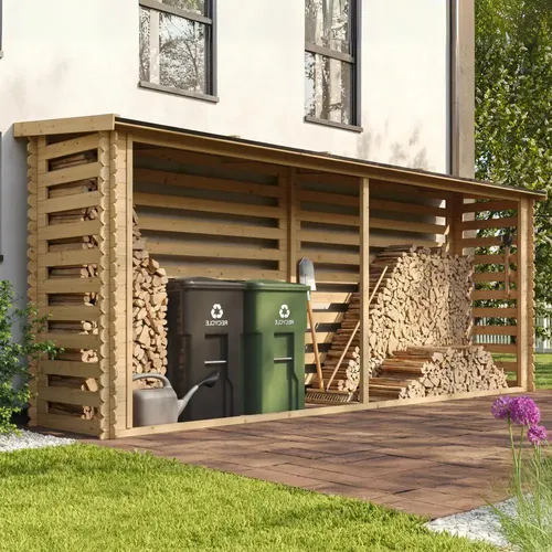 TIMBELA Holz Kaminholzregal M203 - 4m2 Brennholzregal für Garten - Aschesauger und Lagerlösung in einem! Wetterfestes Dach und robuste 19-mm-Paneele aus Naturholz garantieren eine sichere Lagerung für Ihr Brennholz.