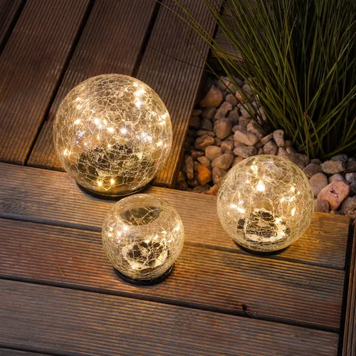 esotec Solar Leuchtkugel Lichtkugel 3er-Set in Bruchglasoptik warmweiß 102088 - Lampen - 3 Solarleuchten aus echtem Krakelee-Glas mit warm weißen LEDs, für stimmungsvolle Abende im Garten. Automatisches An- und Abschalten, bis zu 6 Stunden Leuchtdauer.