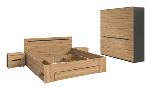 xonox.home Schlafzimmer-Set Canu (3tlg.) - Modernes Design in Basalt Grau - Das 3-teilige Schlafzimmer-Set beinhaltet ein Bett (180x200 cm) und zwei Nachtkommoden. Gefertigt aus FSC®-zertifiziertem Holzwerkstoff, bietet es eine langlebige und pflegeleichte Lösung für stilbewusste Wohnräume.
