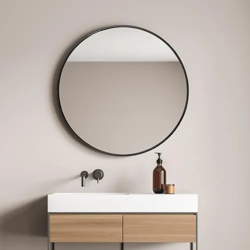 [en.casa] Runder Wandspiegel Ordona Ø 60 cm – Eleganter Flur- und Badspiegel - Vielseitig einsetzbar für Flur, Bad, Wohnzimmer oder Schlafzimmer. Mit hochwertigem Aluminiumrahmen und schickem, mattem Schwarz für zeitlose Eleganz. Einfache Wandmontage für schnellen Einsatz.