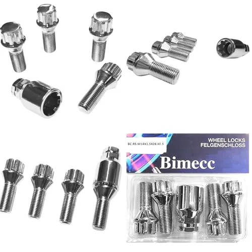 Felgenschloss M14x1,5x28mm Kegelbund 60° kompatibel mit Citroen Fiat Land Rover Maserati Peugeot Renault Toyota 4x silberne Felgenschlösser-Set Felgensicherungen Radsicherungen Radschrauben Radbolzen