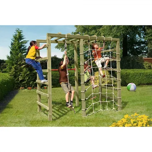 Gartenpirat Klettergerüst aus Holz mit Reck und Kletternetz - Schaukeln: Robustes Spielgerüst aus kesseldruckimprägniertem Holz, TÜV-geprüft und höhenverstellbar für stundenlangen Kletterspaß im eigenen Garten.
