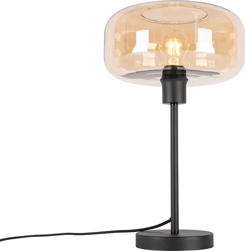 Qazqa Art Deco Tischlampe - Elegante schwarze Lampe mit braunem Glas - Tischlampen für Wohnzimmer und Schlafzimmer, dimmbar mit E27 Fassung, ideal für stilvolle Innenbeleuchtung.
